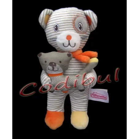 POMMETTE doudou chat rayé et petit chat dans les pattes