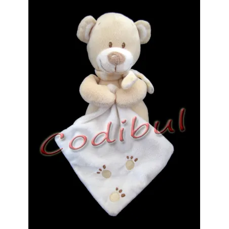 POMMETTE Doudou ours beige avec mouchoir empreintes
