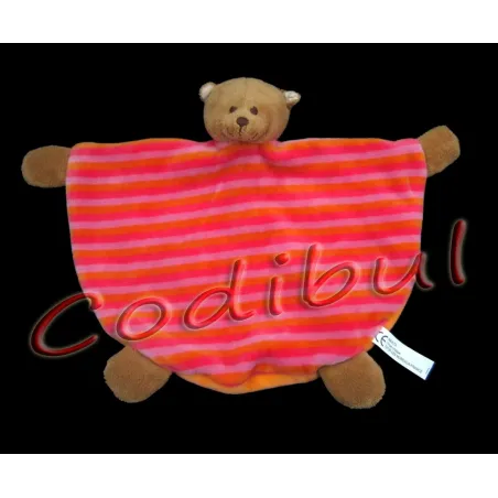 MAXITA Doudou Ours Marron Plat Raye Orange Rose