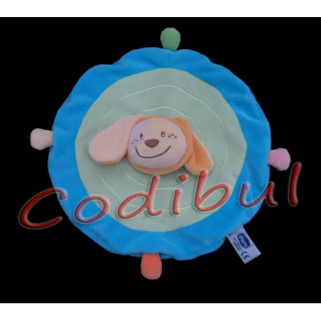 CHICCO doudou plat rond chien bleu vert