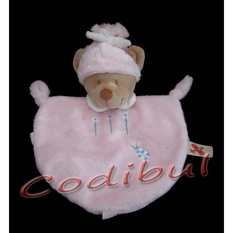 NICOTOY Doudou plat ours rose coccinelle brodée