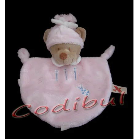 NICOTOY Doudou plat ours rose coccinelle brodée