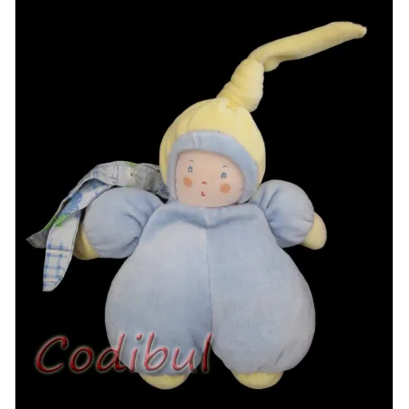 NOUNOURS Doudou semi Plat Lutin Bleu bonnet jaune hochet
