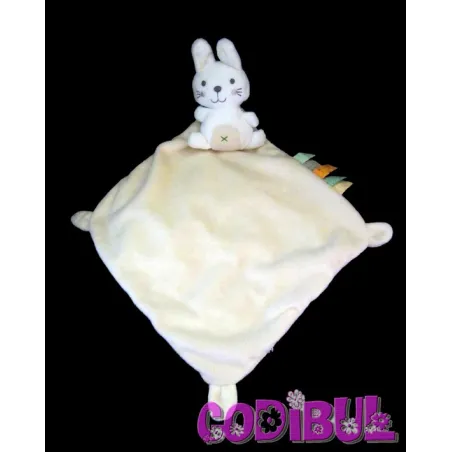 NICOTOY Doudou plat lapin beige croix ventre mouchoir