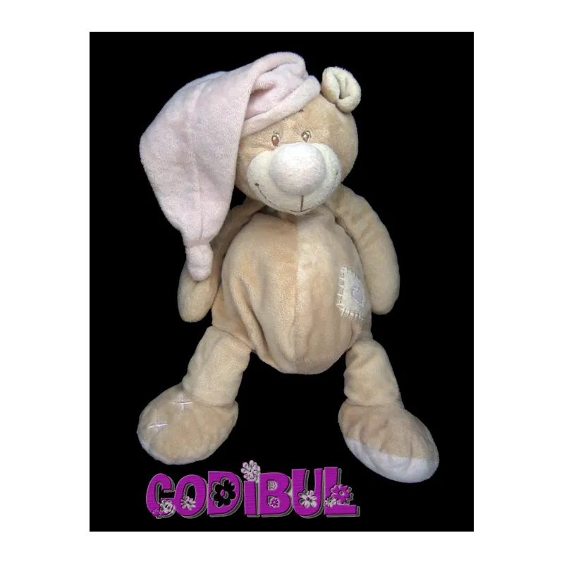 DOUKIDOU Doudou ours beige bonnet rose coeur 