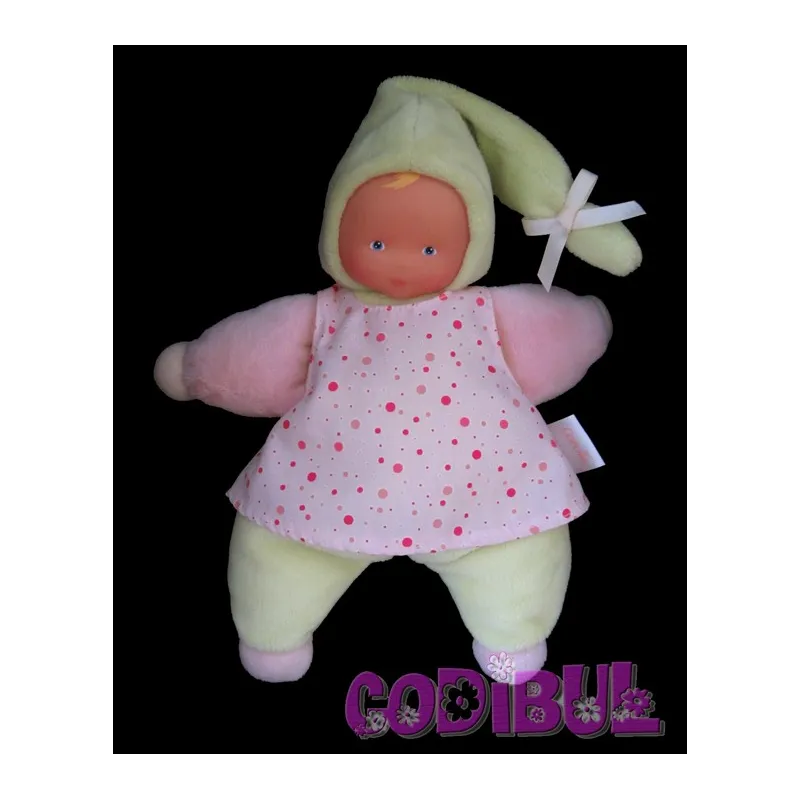 COROLLE Doudou bébé poupée robe rose pois HOCHET