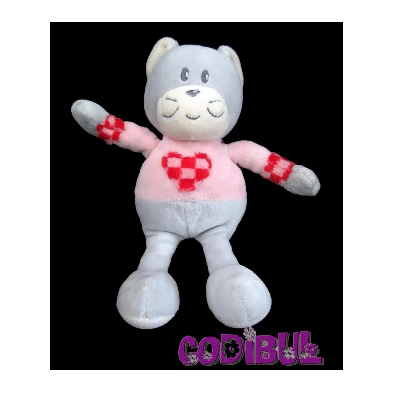 AJENA Doudou chat gris rose coeur hochet