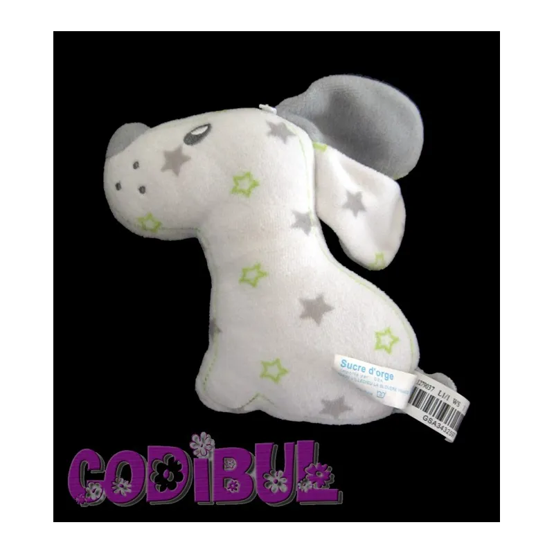 SUCRE D'ORGE Doudou chien blanc gris étoiles