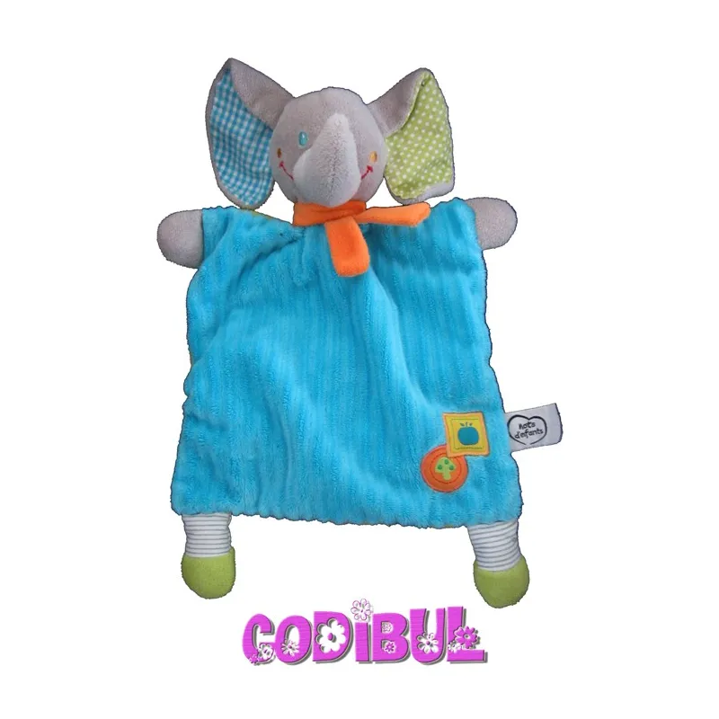 MOTS D'ENFANTS Doudou plat éléphant bleu écharpe orange