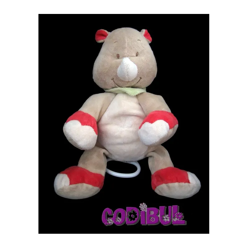 BENGY Doudou musical rhinocéros beige rouge