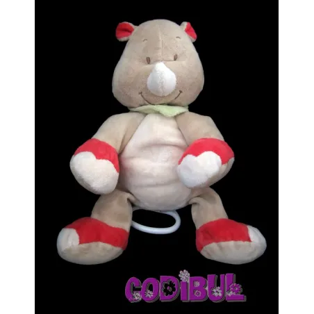 BENGY Doudou musical rhinocéros beige rouge