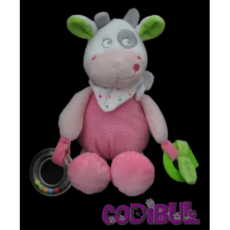 MOTS D'ENFANTS Doudou vache rose blanche pois hochet