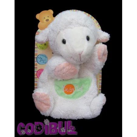 BABY NAT' doudou marionnette mouton blanc poche verte