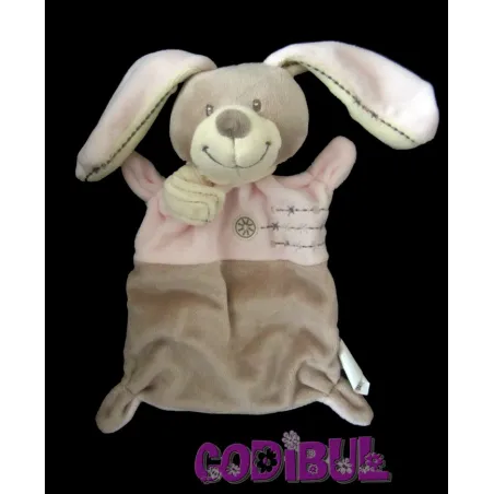 NICOTOY doudou plat lapin rose et beige croix