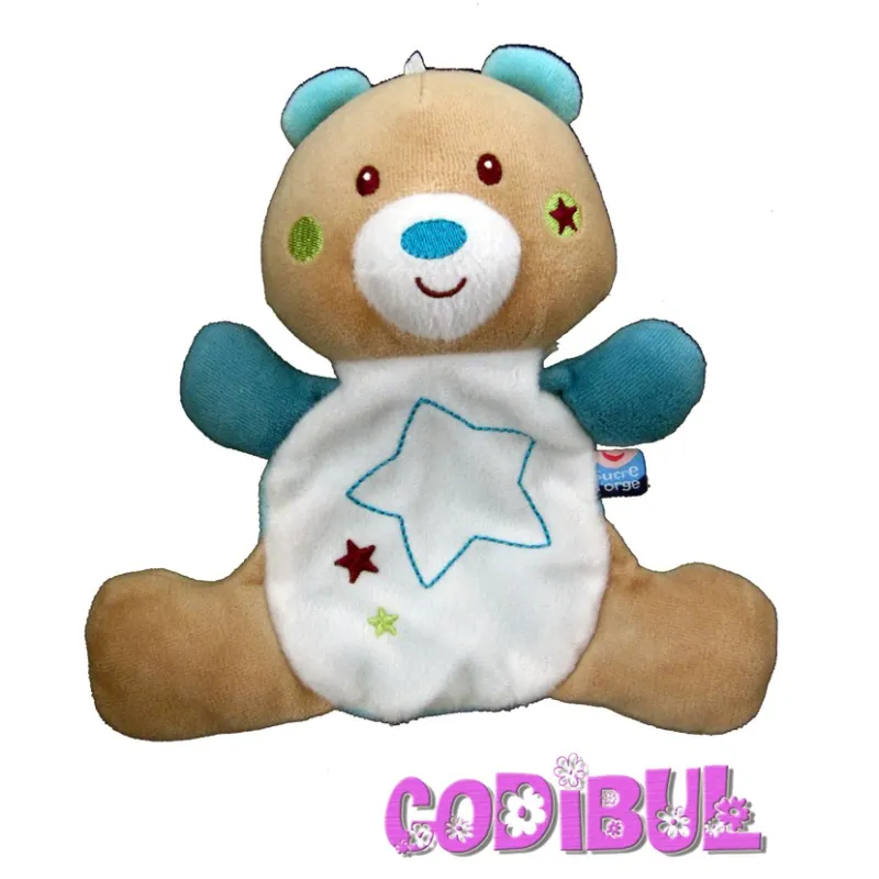 SUCRE D'ORGE doudou ours blanc bleu beige étoile brodée