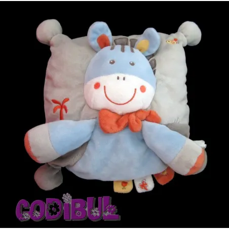 NICOTOY doudou coussin ane zebre gris bleu oiseau
