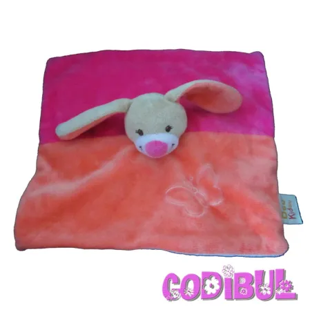 DOUKIDOU doudou plat lapin chien fushia orange papillon brodé