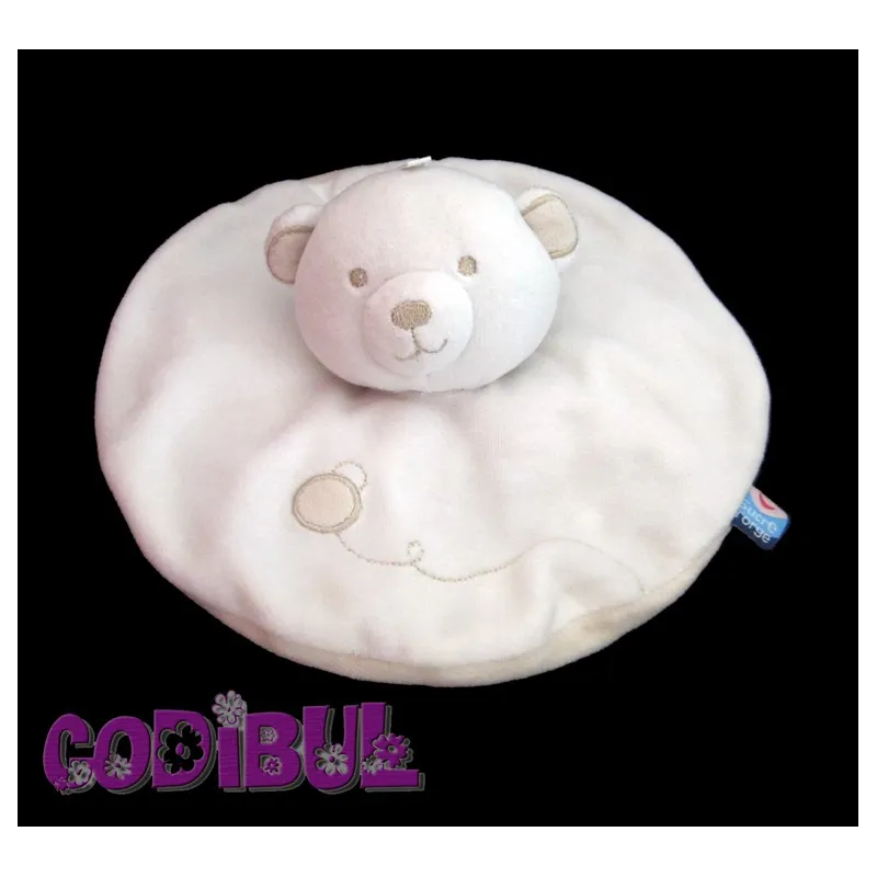 SUCRE D'ORGE Doudou plat ours blanc beige rond