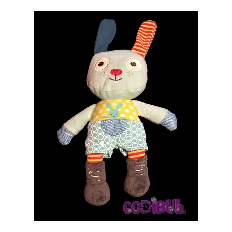 POMMETTE Doudou semi plat lapin bleu vert pois