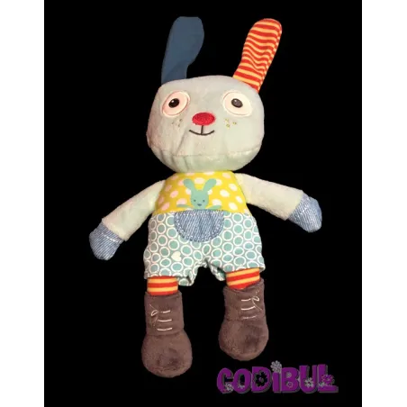 POMMETTE Doudou semi plat lapin bleu vert pois