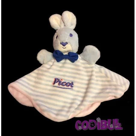 PICOT doudou plat lapin bleu rayé rose
