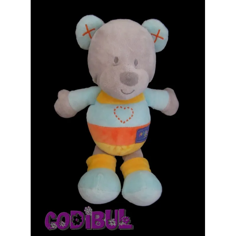 Doudou ours bleu jaune orange de bon matin