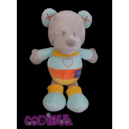 Doudou ours bleu jaune orange de bon matin