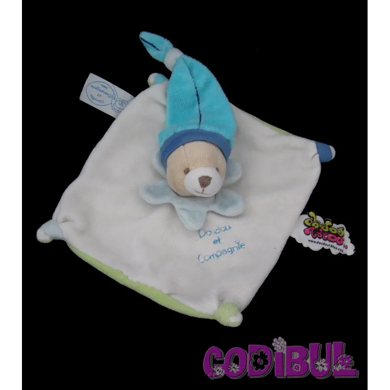 DOUDOU ET COMPAGNIE Doudou plat ours blanc bleu vert tatoo