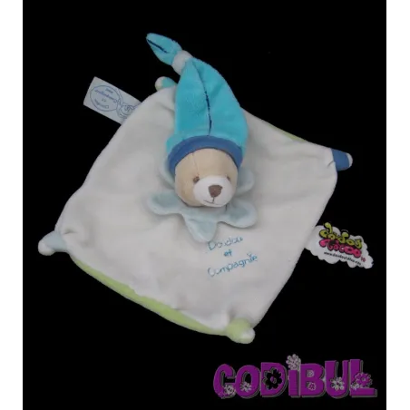 DOUDOU ET COMPAGNIE Doudou plat ours blanc bleu vert tatoo