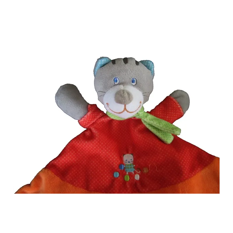 MOTS D'ENFANTS Doudou plat chat rouge orange pois chat brodé