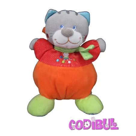 MOTS D'ENFANTS Doudou musical chat rouge orange pois chat brodé
