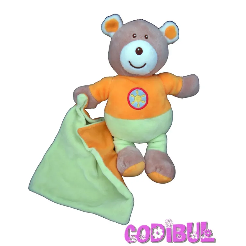 AJENA doudou ours orange vert mouchoir soleil