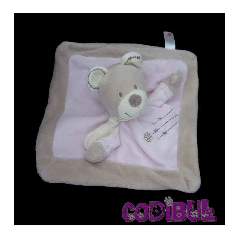 NICOTOY doudou plat ours rose et beige croix
