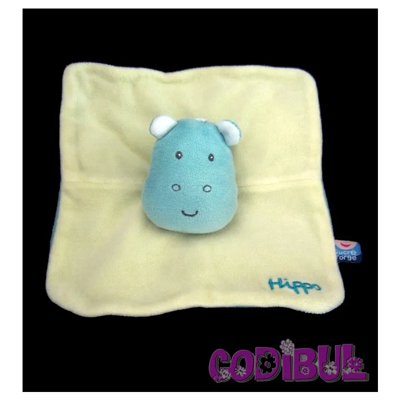 SUCRE D'ORGE doudou plat hippopotame jaune bleu