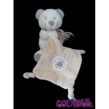POMMETTE Doudou ours blanc beige mouchoir mon coeur