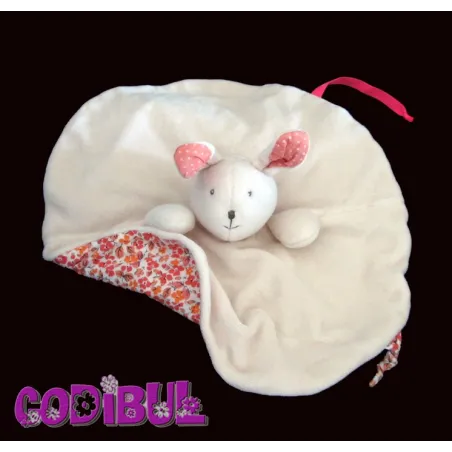 DPAM doudou plat rond lapin rose tissu fleurs