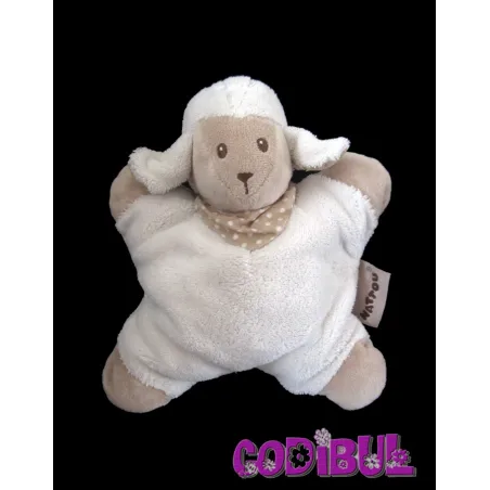 NATTOU doudou semi plat mouton blanc beige hochet