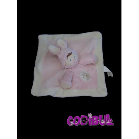 NICOTOY Doudou plat garçon déguisé en lapin rose blanc