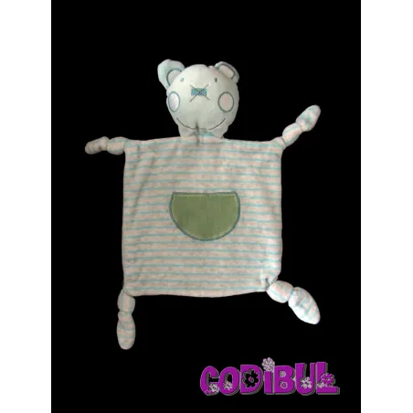 DE GROOTE doudou plat ours turquoise vert rayé