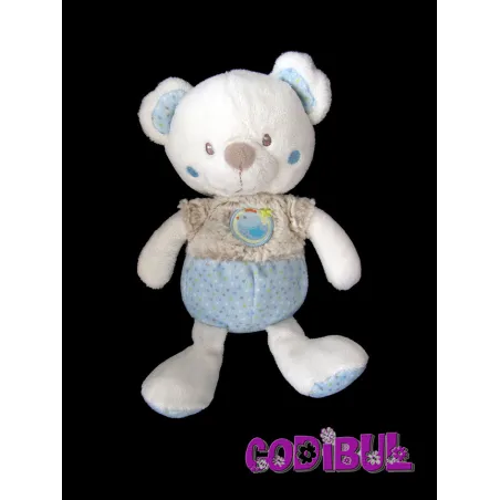 MOTS D'ENFANTS Doudou ours bleu pois écusson oiseau