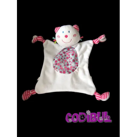 AUBERT doudou chat blanc rose fleurs P'tit Bisou
