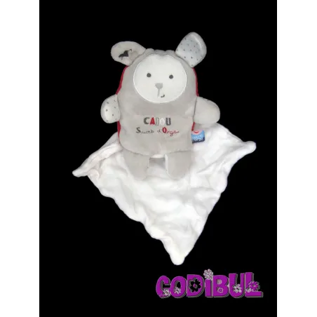 SUCRE D'ORGE cajou doudou lapin gris rouge mouchoir
