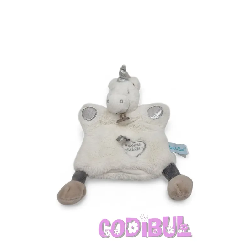 BABY NAT' doudou plat marionnette licorne blanc et gris