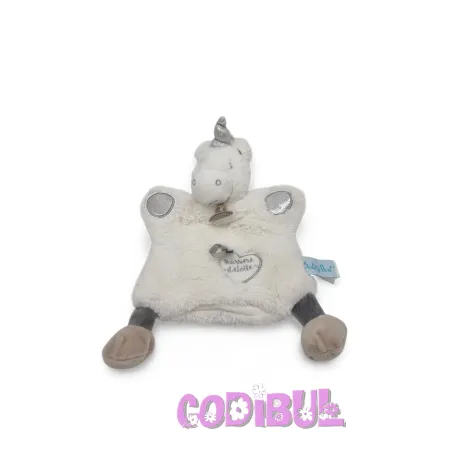 BABY NAT' doudou plat marionnette licorne blanc et gris