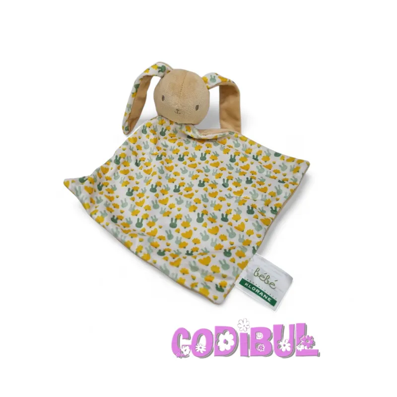 Klorane doudou plat lapin vert jaune fleurs