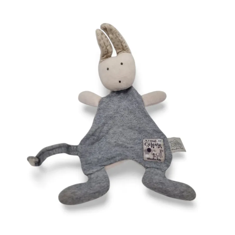 MOULIN ROTY Doudou plat lapin gris rayé bleu Aimée et Céleste