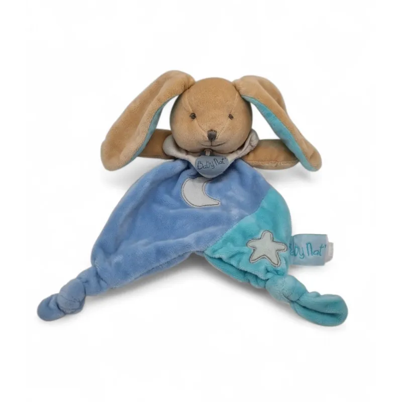 BABY NAT' Doudou plat luminescent lapin bleu étoile lune