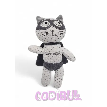 IKKS Doudou chat blanc gris super héros