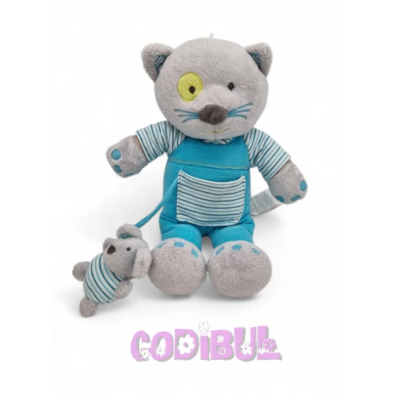 OBAIBI Doudou chat gris salopette bleu
