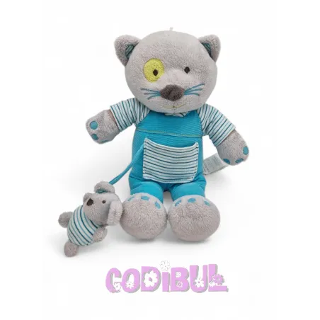 OBAIBI Doudou chat gris salopette bleu